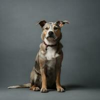 retrato fofa do uma cachorro e uma gato olhando às a Câmera dentro frente do uma branco fundo foto