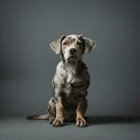 retrato fofa do uma cachorro e uma gato olhando às a Câmera dentro frente do uma branco fundo foto