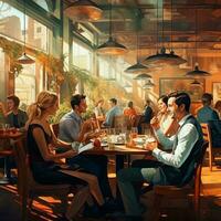 uma pintura do pessoas comendo dentro uma restaurante foto