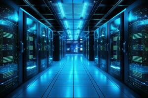 editorial foto do azul servidor sala, Alto tecnologia, industrial, moderno ai generativo