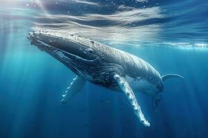 baleia natação dentro a aberto oceano, embaixo da agua fotografia ai generativo foto