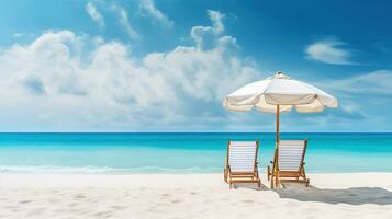 lindo de praia bandeira. branco areia, cadeiras e guarda-chuva viagem turismo Largo panorama fundo ai generativo foto