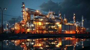 industrial óleo refinaria petroquímico químico plantar com equipamento e alta tubos às noite. ai gerado foto