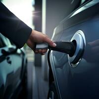 eletrônico carro cobrando estação pára reabastecimento pontos e elétrico carro bateria, mão empurrar botão iniciando poder, ev elétrico carro do a futuro, ambientalmente amigáveis energia foto