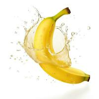 fresco banana dentro água respingo em branco fundo. suculento fruta. generativo ai foto