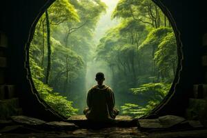 uma homem medita contra a fundo do verde calma natureza, a conceito do ioga, autoconhecimento generativo ai foto