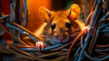 engraçado rato emaranhado dentro elétrico fios generativo ai foto