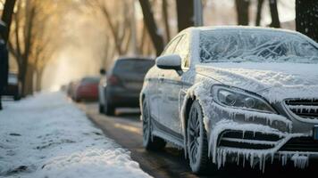 congelando carro coberto com geada, inverno mau clima generativo ai foto