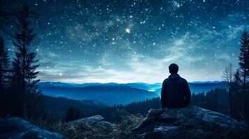 uma homem em uma pedra admirando a estrelado céu generativo ai foto