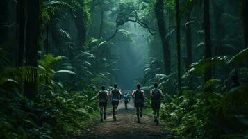 corrida maratona em a rastrear dentro a floresta selva generativo ai foto