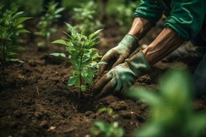 agricultores mãos plantio árvores dentro uma comunidade jardim. ai generativo foto