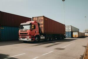 a caminhão carrinhos dentro a industrial porta contra a fundo do containers durante descarga. conceito do logística e Entrega serviço. ai generativo foto