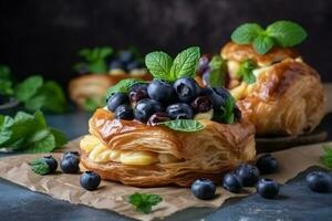 fresco saboroso sopro pastelaria com amoras em uma branco mesa. ai generativo foto