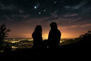 casal dentro amor admirando a noite estrelas, romântico atmosfera generativo ai foto