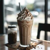 café com leite macchiato com açoitado creme. manhã cafeteria, borrado fundo. ai gerado foto