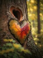 outono vermelho folhas dentro a forma do uma coração Próximo para uma árvore foto