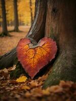 outono vermelho folhas dentro a forma do uma coração Próximo para uma árvore foto