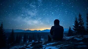 uma homem em uma pedra admirando a estrelado céu generativo ai foto