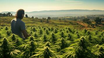 agricultor admirando cannabis campo generativo ai foto