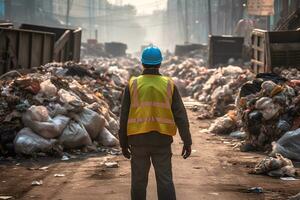 trabalhador colecionar lixo do urbano municipal estão colecionar para Lixo remoção, Visão voltar. ai generativo foto
