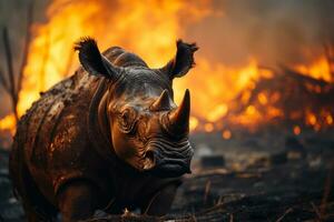 rinoceronte escapes a partir de a ardente fogo do a reserva generativo ai foto