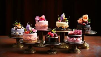 miniatura chocolate bolos, decorado com comestível flores generativo ai foto