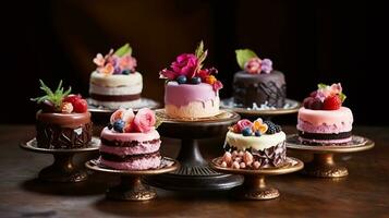miniatura chocolate bolos, decorado com comestível flores generativo ai foto