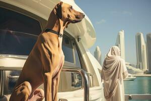 sheikh com dele cachorro em repouso em uma iate dentro mar generativo ai foto