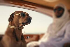 árabe homem de negocios com dele cachorro dentro a carro generativo ai foto