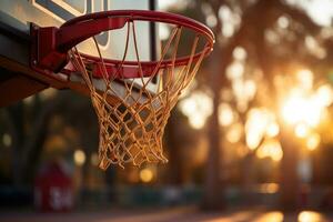 basquetebol aro dentro a tarde Sol generativo ai foto