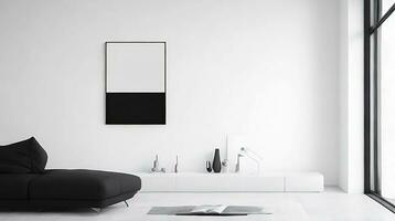 minimalista vivo quarto interior com branco paredes, concreto chão, Preto sofá e volta café mesa. 3d Renderização zombar acima ai generativo foto