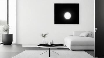 minimalista vivo quarto interior com branco paredes, concreto chão, Preto sofá e volta café mesa. 3d Renderização zombar acima ai generativo foto