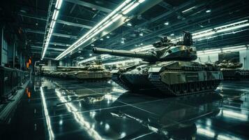 militares tanques dentro hangares, fornecem do pesado ataque armas generativo ai foto