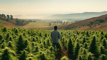 agricultor admirando cannabis campo generativo ai foto