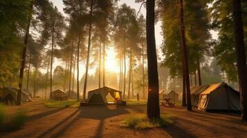 nascer do sol dentro uma área de camping dentro uma madeiras. generativo ai foto