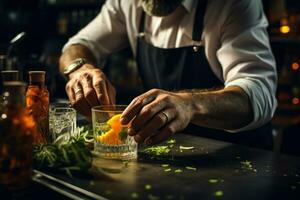 barman prepara uma coquetel com citrino frutas generativo ai foto