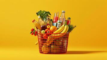 supermercado cesta com alimentos certo posição em amarelo fundo. generativo ai foto