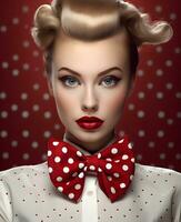 lindo menina com anos 40 estilo cabelo com uma grande polca ponto arco, romântico retro estilo retrato foto