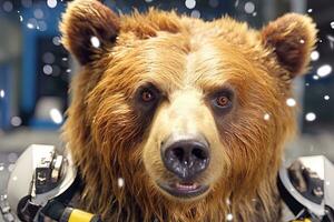 Urso astronauta dentro traje espacial. retrato do uma Urso dentro uma capacete do uma aeronave piloto. ai generativo foto