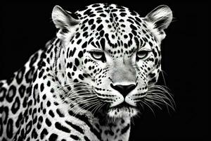 retrato do uma leopardo em uma Preto fundo. Preto e branco. ai generativo foto