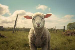 ovelha dentro a Prado. retrato do ovelha em pé em gramíneo panorama. ai generativo foto