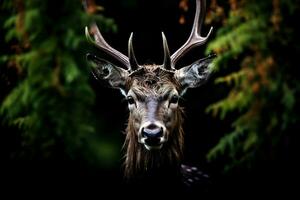 veado com vermelho cachecol em dele pescoço dentro a outono floresta. ai generativo foto