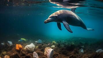 uma golfinho preso dentro uma plástico saco dentro a oceano. de Meio Ambiente proteção. generativo ai foto