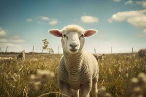 ovelha dentro a Prado. retrato do ovelha em pé em gramíneo panorama. ai generativo foto