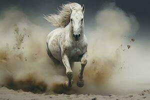 lindo branco garanhão com grandes juba corrida em Sombrio fundo. ai generativo foto