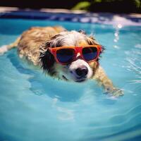 fofa cachorro com oculos de sol dentro natação piscina. período de férias e viagem conceito. ai generativo foto