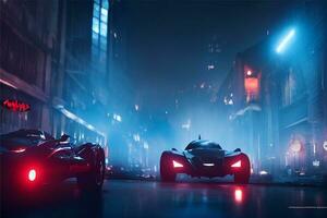 bastão estilo futurista carros com volumétrico iluminação, épico néon cidade apocalipse. ai generativo foto