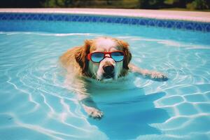 fofa cachorro com oculos de sol dentro natação piscina. período de férias e viagem conceito. ai generativo foto