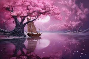 Navegando barco dentro a água com lindo Rosa cereja Flor árvore, uma iate com cereja árvore velas dentro uma profundo roxa lagoa surrealista postar impressionismo Alto detalhe, ai gerado foto