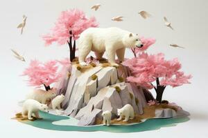 polar Urso aniversário bolo com cereja Flor e origami pássaro, encalhado polar urso, encalhado em uma estéril ilha, ai gerado foto